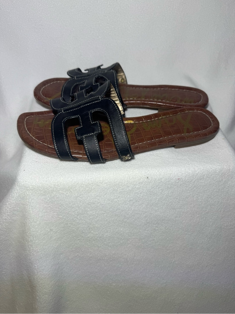 Sam Edelman Black Leather Logo Slide Sandals Women’s 9 Brown Croc Flat